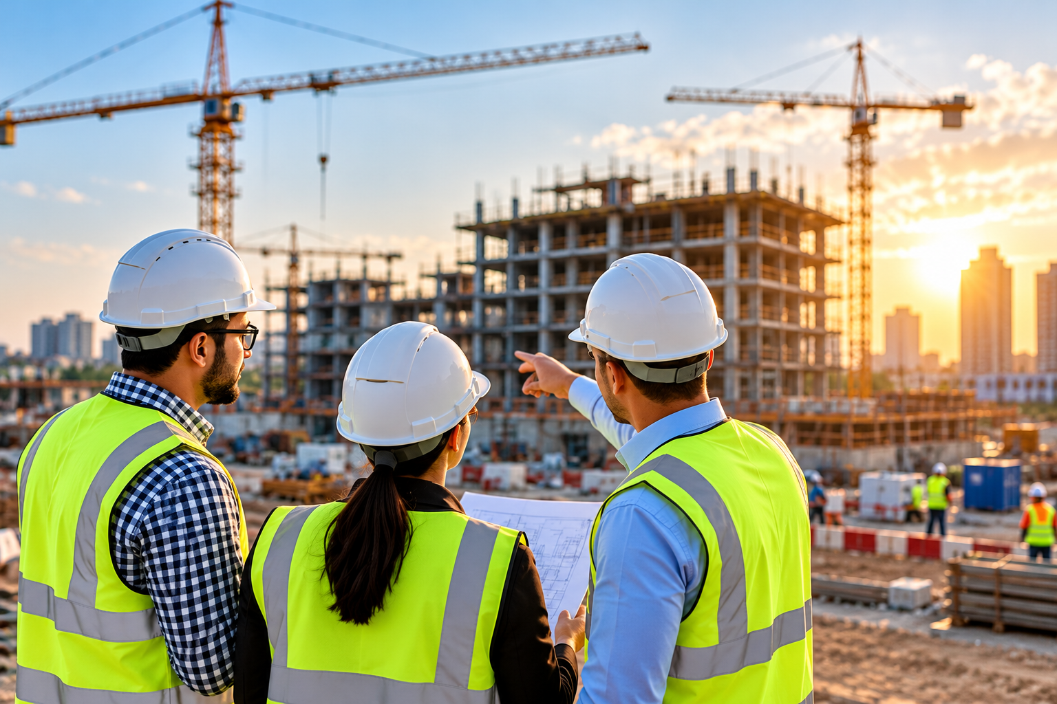 Construction Team Overseeing Sunset Site